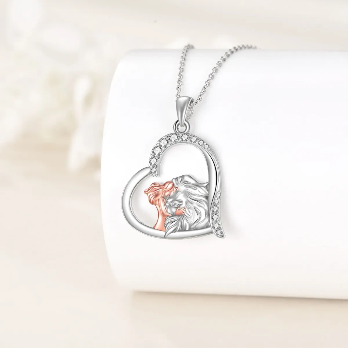 Sterling Silver Two-tone Circular Shaped Cubic Zirconia Lion & Heart Pendant Necklace-3