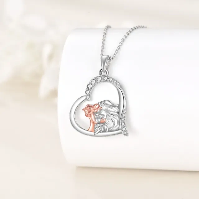 Sterling zilveren tweekleurige cirkelvormige cubic zirkonia leeuw en hart hanger ketting-3