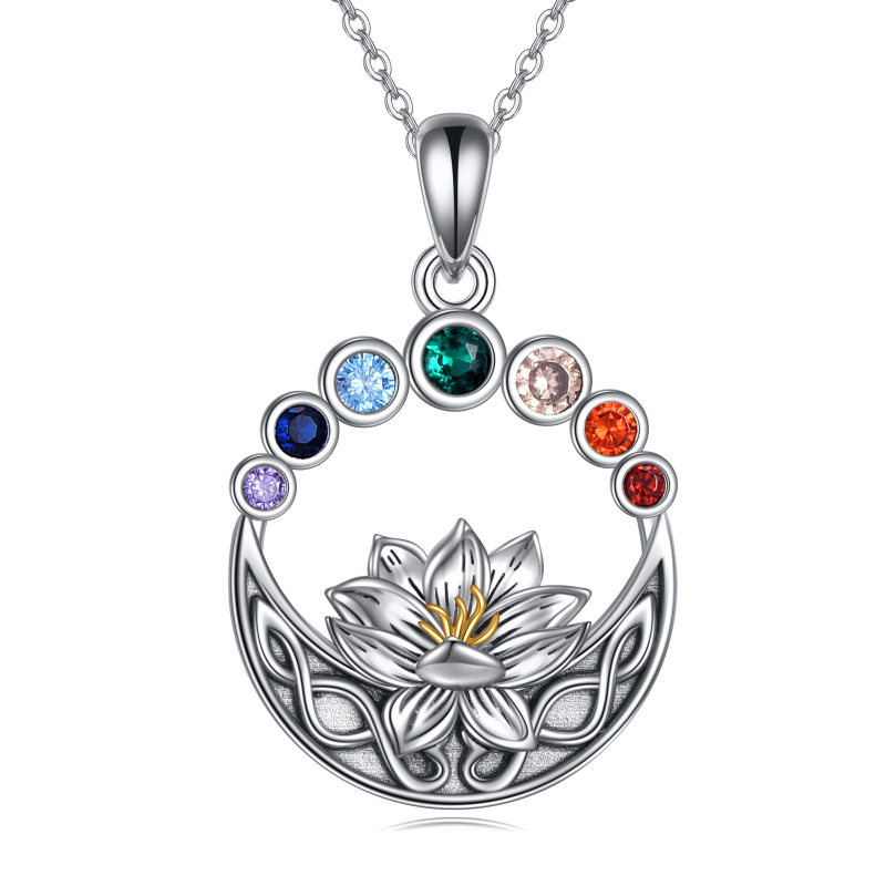 Sterling Silver Two-tone Circular Shaped Cubic Zirconia Lotus & Chakras Pendant Necklace-5