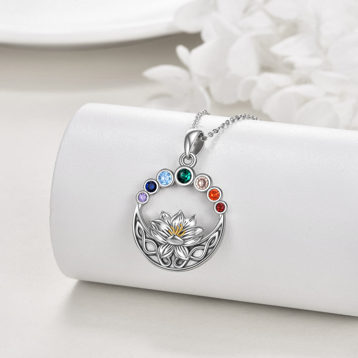 Sterling Silver Two-tone Circular Shaped Cubic Zirconia Lotus & Chakras Pendant Necklace-3