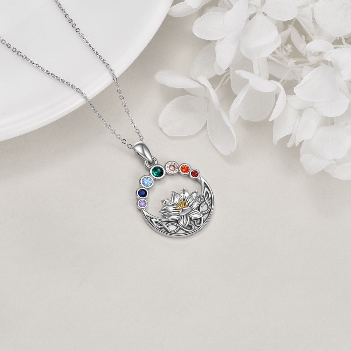 Sterling Silver Two-tone Circular Shaped Cubic Zirconia Lotus & Chakras Pendant Necklace-4