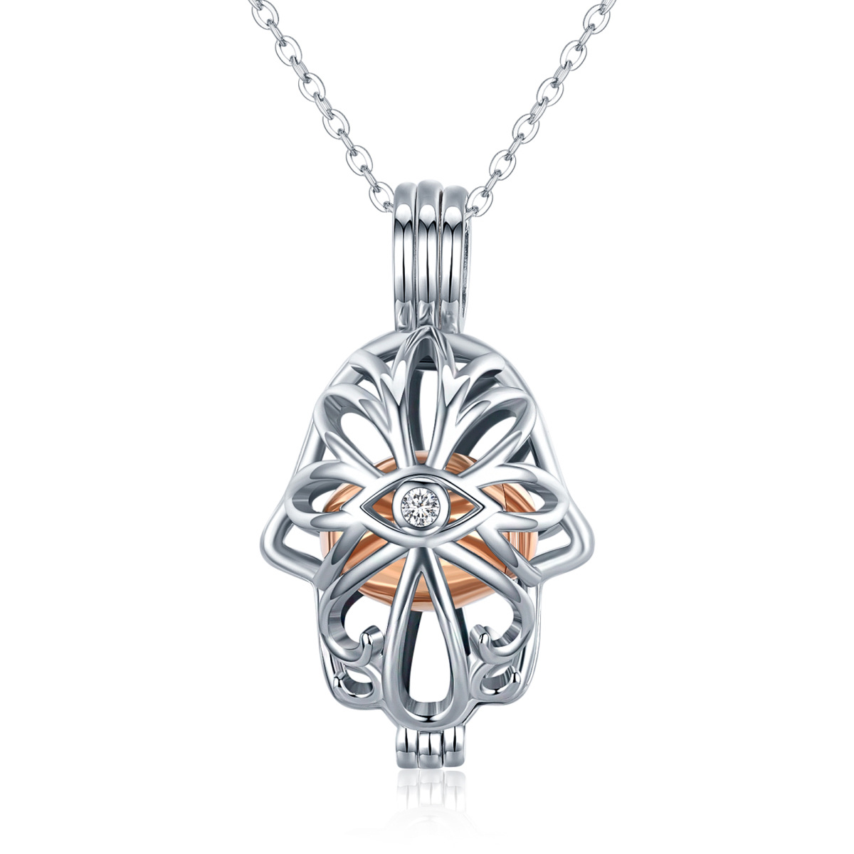 Sterling Silver Two-Tone Evil Eye & Hamsa Hand Urn Locket Necklace For Ashes Cremation Memorial Jewelry-1