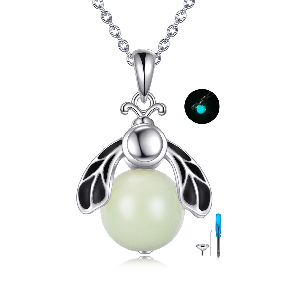 Sterling Silver Two-tone Circular Shaped Luminous Stone Firefly Urn Necklace for Ashes-1