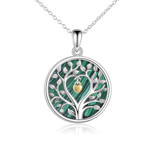 Sterling Silver Two-tone Circular Shaped Malachite Tree Of Life Coin Pendant Necklace-5