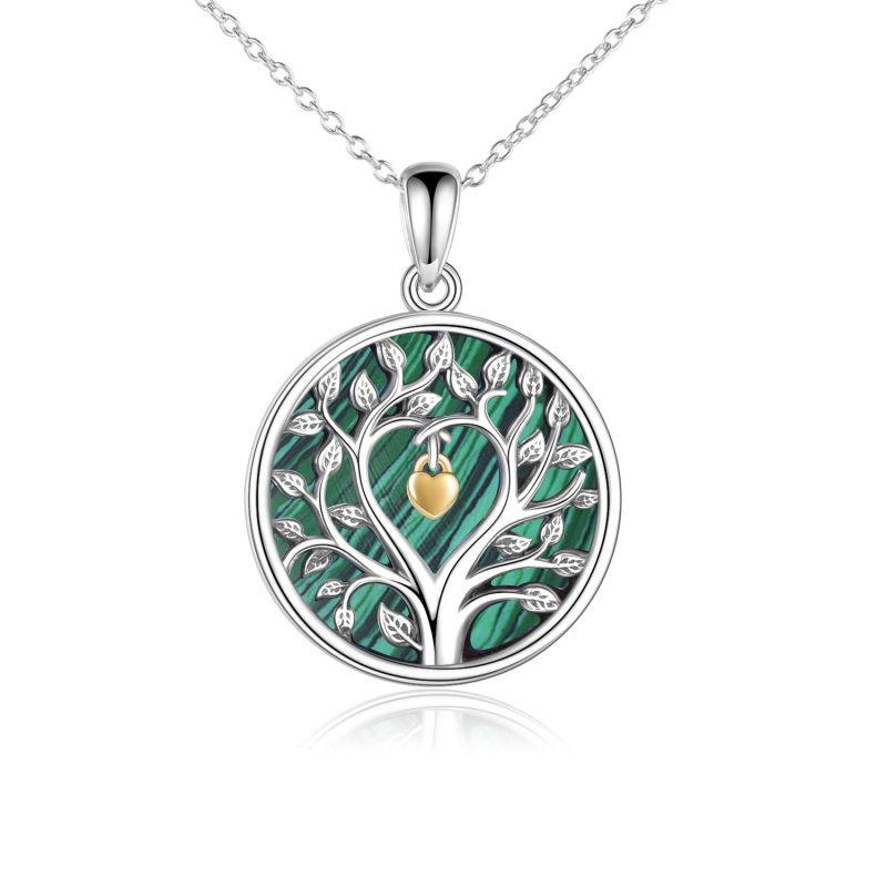 Sterling Silver Two-tone Circular Shaped Malachite Tree Of Life Coin Pendant Necklace