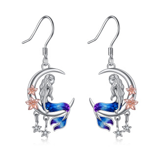 Sterling Silver Two-tone Circular Shaped Cubic Zirconia Mermaid Drop Earrings-2