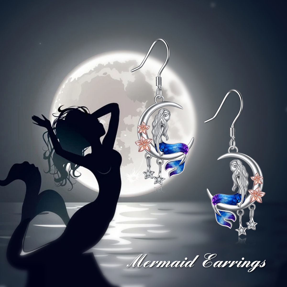 Sterling Silver Two-tone Circular Shaped Cubic Zirconia Mermaid Drop Earrings-6