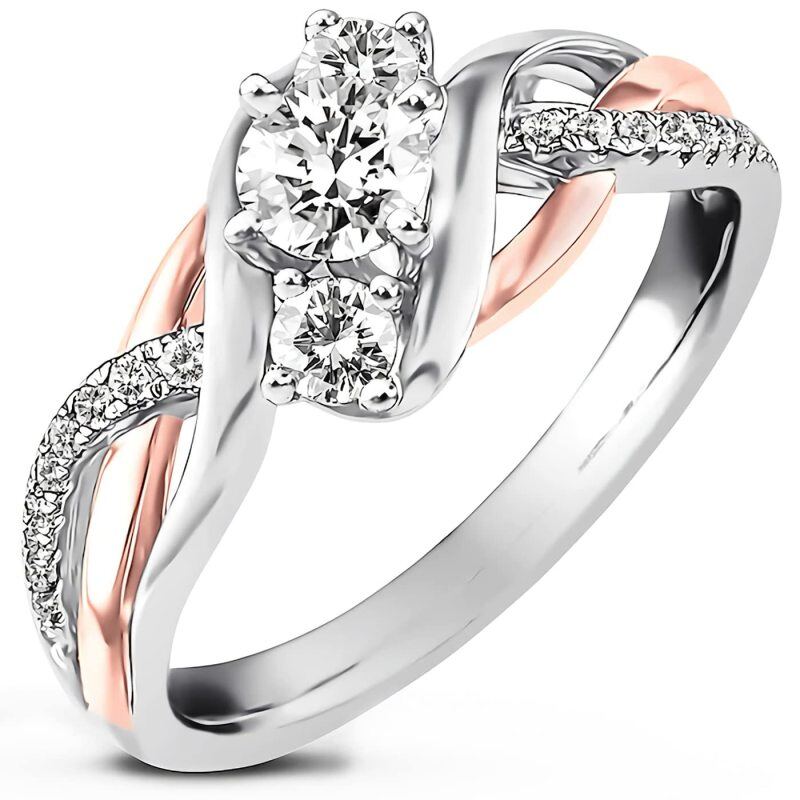 Sterling Silver Two-tone Round Shaped Moissanite Personalized Engraving Engagement Ring-4