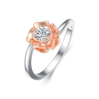 Sterling Silver Two-tone Circular Shaped Moissanite Rose Engagement Ring-7