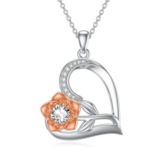 Sterling Silver Two-tone Circular Shaped Moissanite Rose & Heart Pendant Necklace