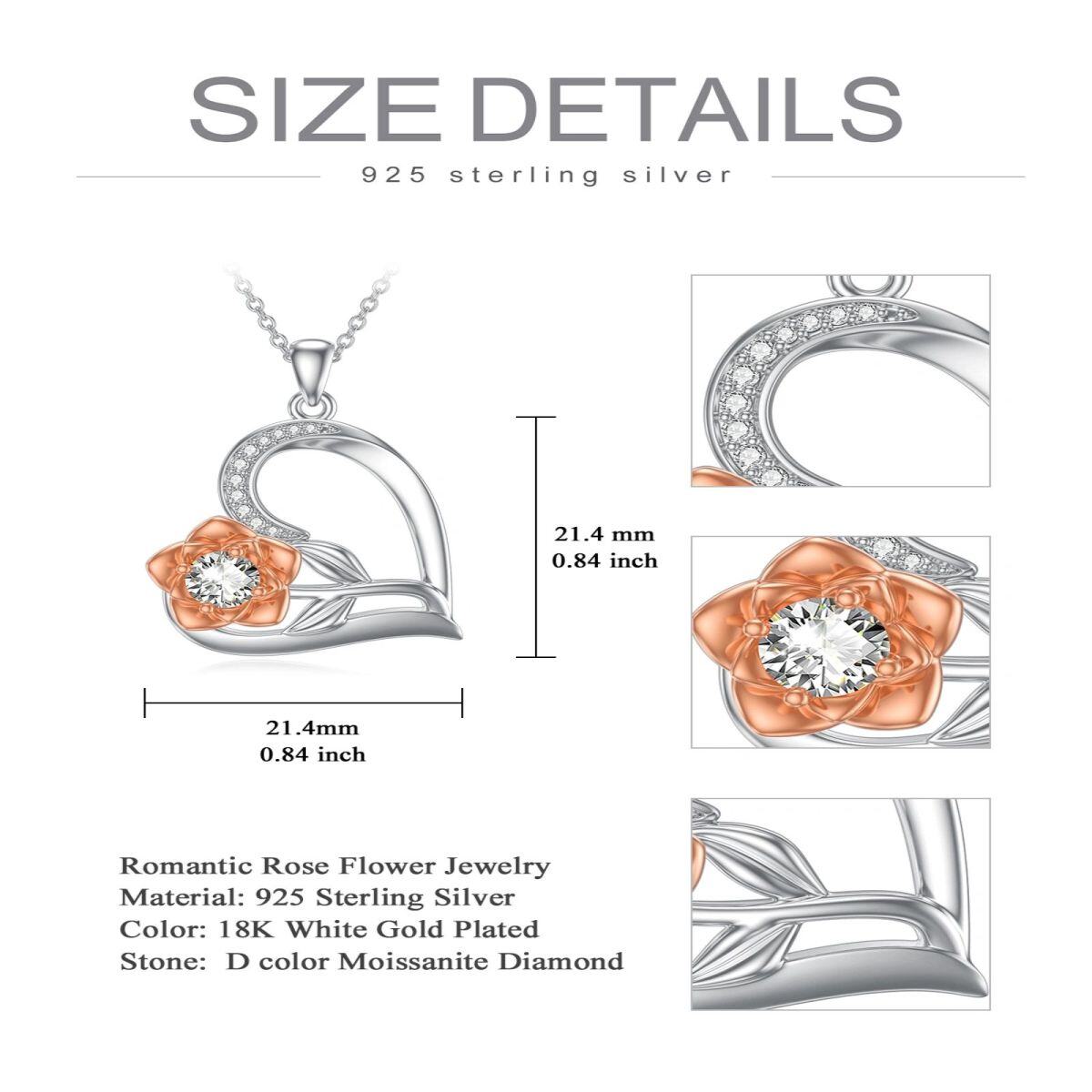 Sterling Silber zweifarbig kreisförmig Moissanite Rose & Herz Anhänger Halskette-4