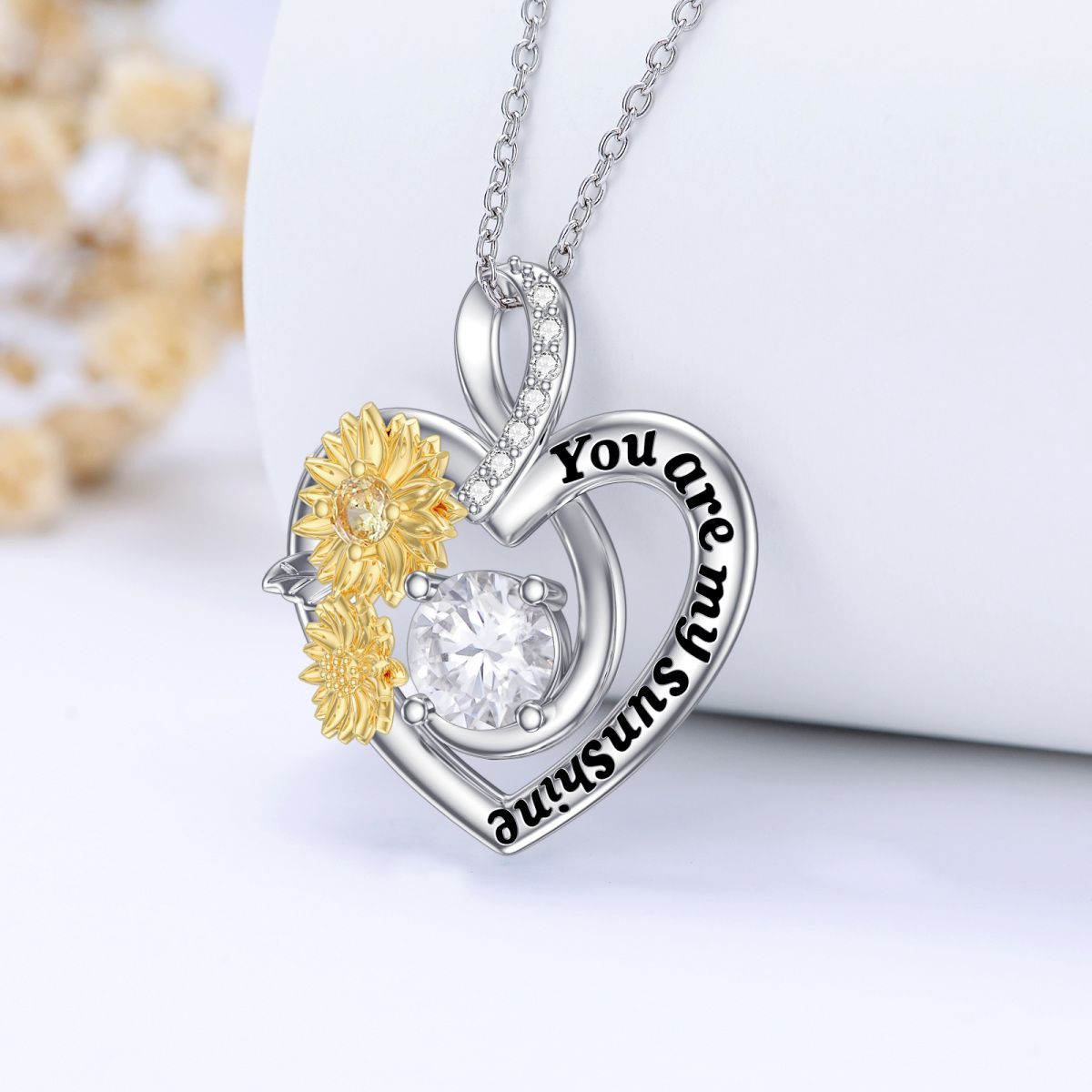 Sterling Silver Two-tone Circular Shaped Moissanite Sunflower & Heart Pendant Necklace with Engraved Word-3