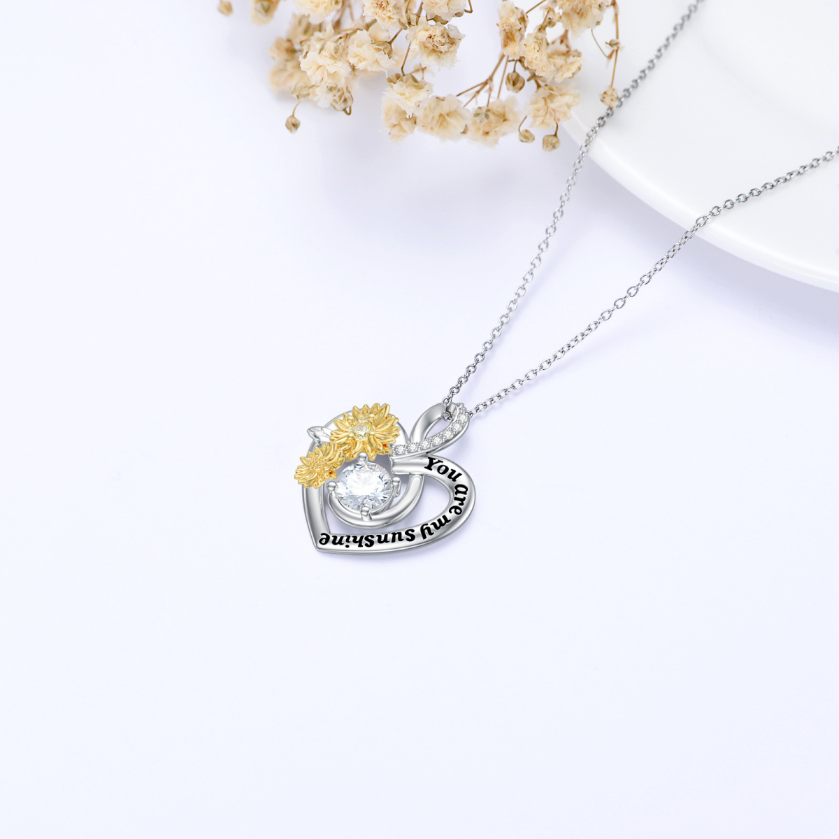 Sterling Silver Two-tone Circular Shaped Moissanite Sunflower & Heart Pendant Necklace with Engraved Word-4