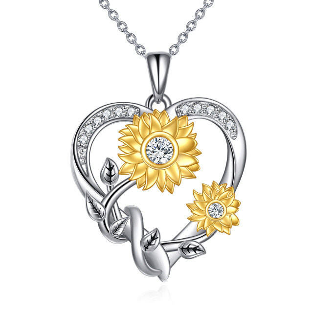 Collana bicolore in argento sterling con ciondolo circolare a forma di girasole e cuore in moissanite