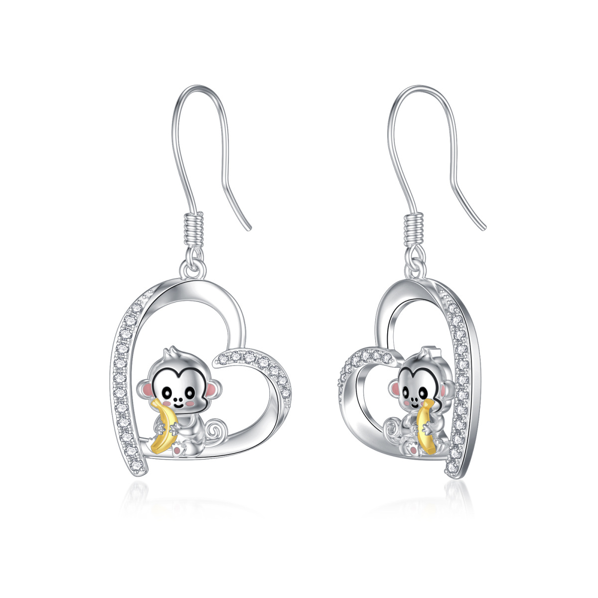 Sterling Silver Two-tone Circular Shaped Cubic Zirconia Monkey & Heart Drop Earrings-1