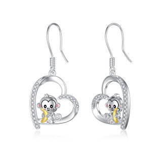 Sterling Silver Two-tone Circular Shaped Cubic Zirconia Monkey & Heart Drop Earrings-39