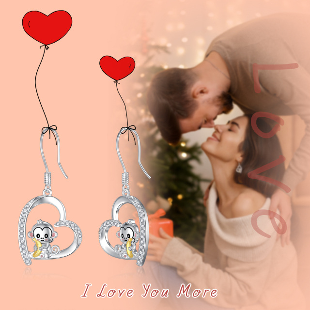 Boucles d'oreilles pendantes en argent sterling en forme de singe et de coeur en zircon cu-3