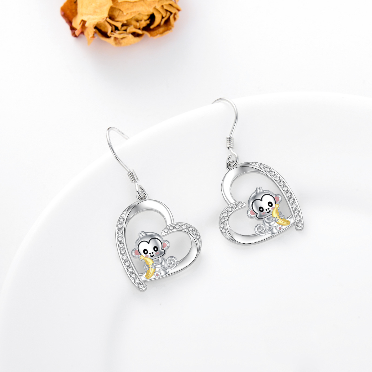 Sterling Silver Two-tone Circular Shaped Cubic Zirconia Monkey & Heart Drop Earrings-4