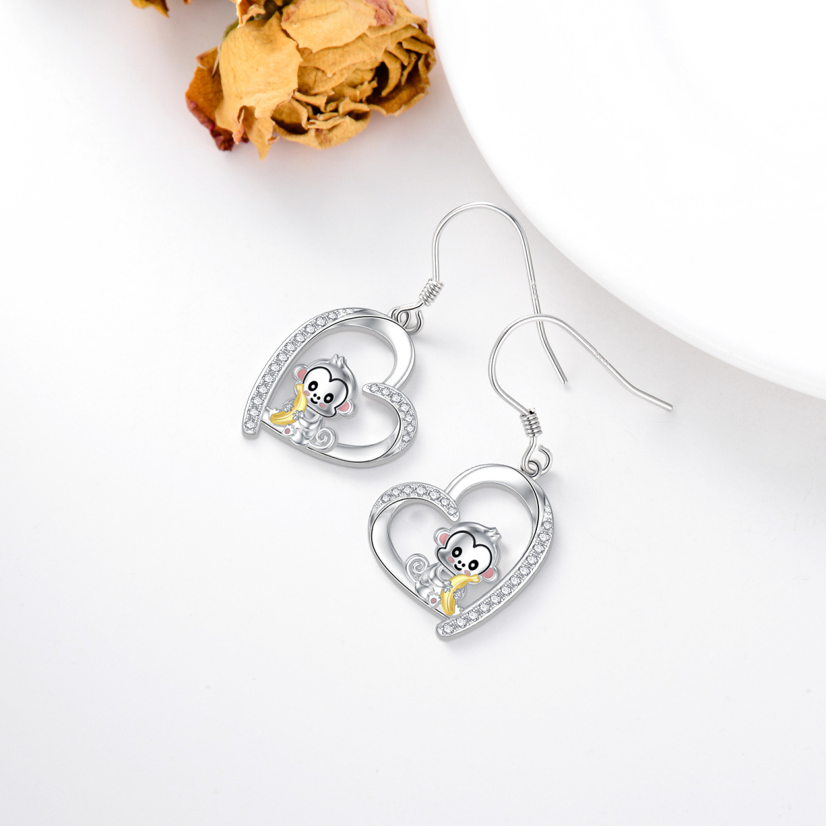 Boucles d'oreilles pendantes en argent sterling en forme de singe et de coeur en zircon cu-5