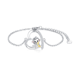 Sterling Silver Two-tone Circular Shaped Cubic Zirconia Monkey & Heart Charm Bracelet-6