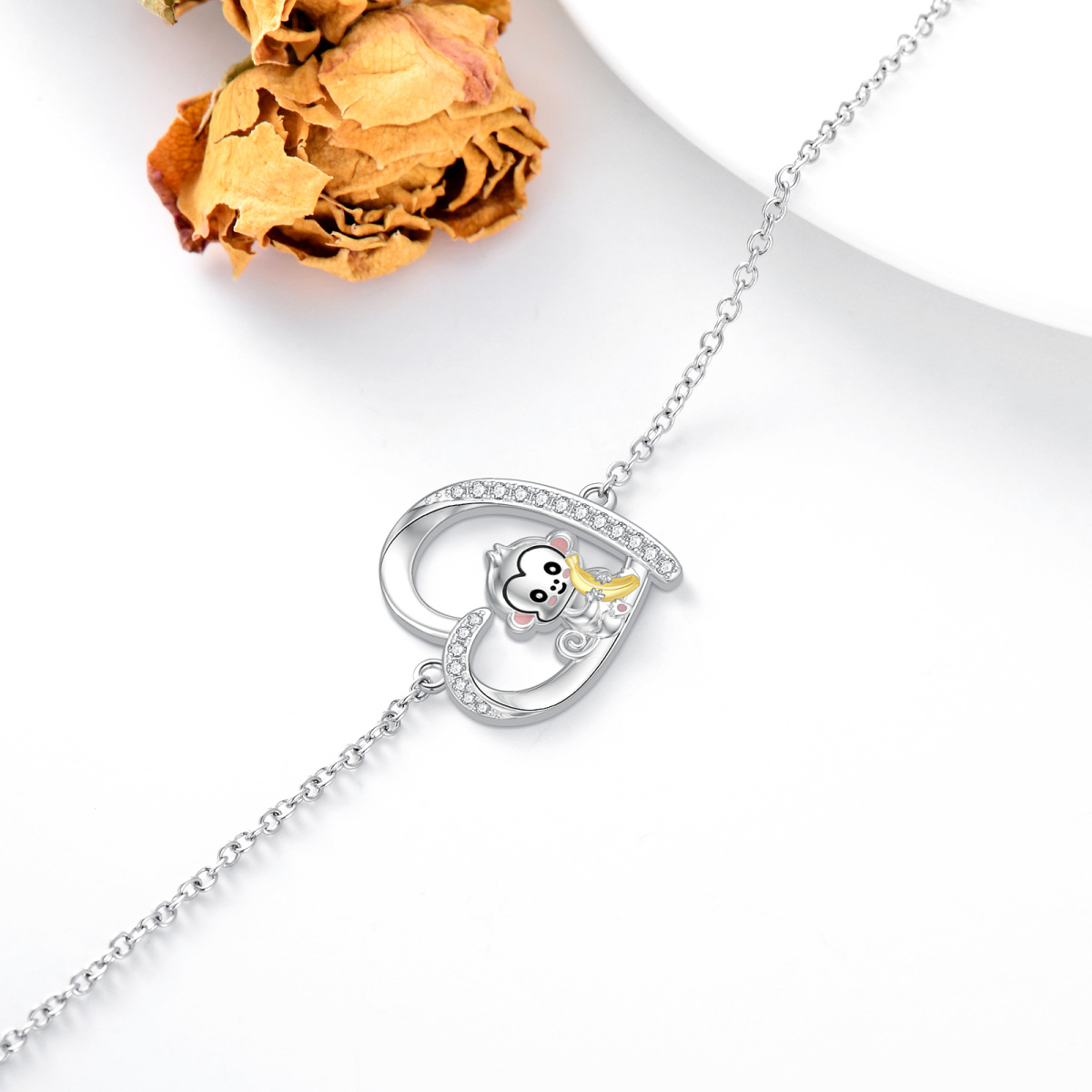 Bracelet en argent sterling bicolore avec pendentif singe et coeur en zircon cubique-5