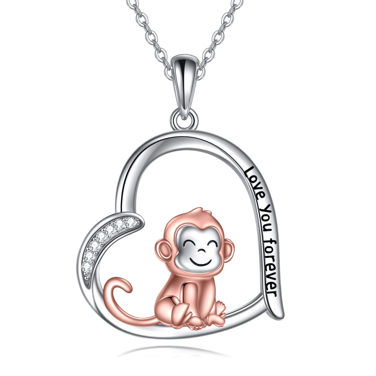 Sterling Silver Two-tone Circular Shaped Cubic Zirconia Monkey & Heart Pendant Necklace with Engraved Word-1