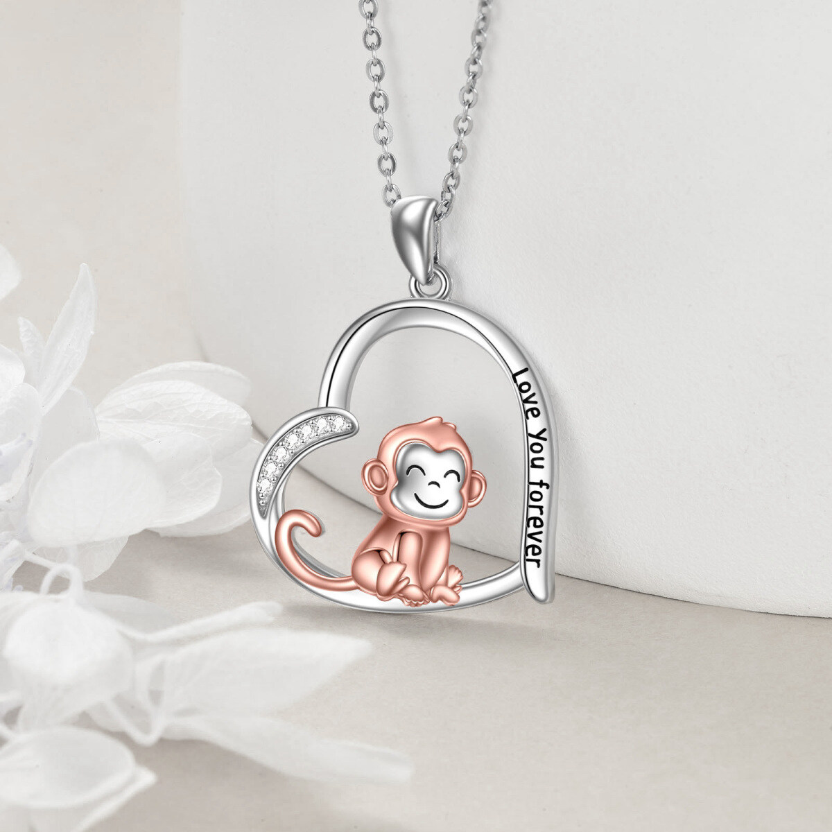 Sterling Silver Two-tone Circular Shaped Cubic Zirconia Monkey & Heart Pendant Necklace with Engraved Word-3