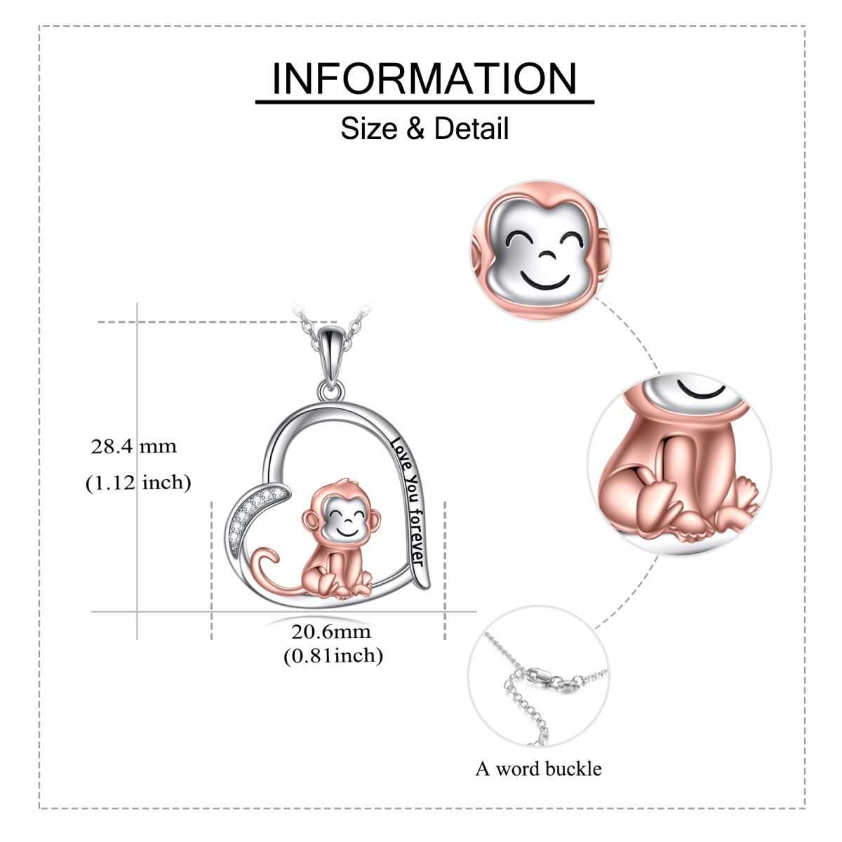 Sterling Silber zweifarbig kreisförmig Cubic Zirkonia Affe & Herz Anhänger Halskette mit e-5