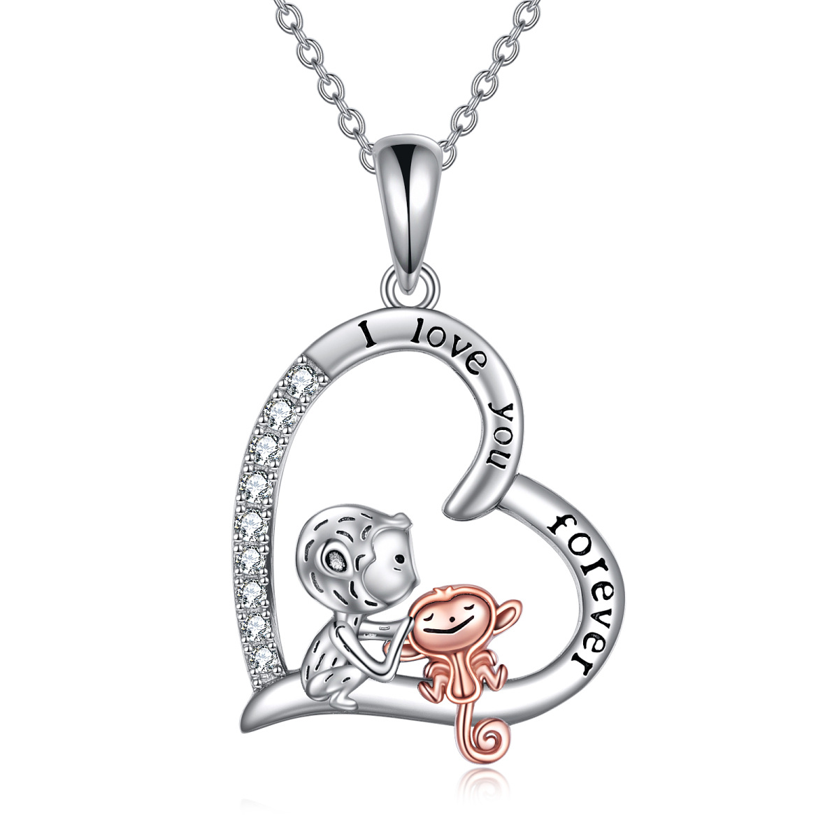 Sterling Silver Two-tone Circular Shaped Cubic Zirconia Monkey & Heart Pendant Necklace with Engraved Word-1