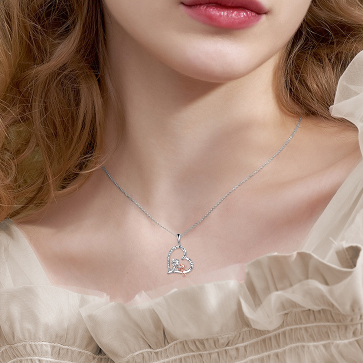 Collier en argent sterling bicolore avec pendentif singe et cœur en zircon cubique et mot-2