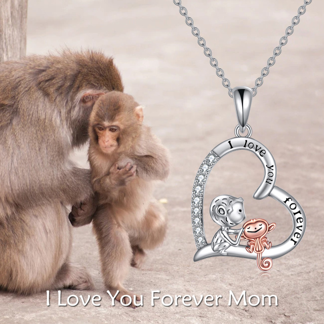 Sterling Silver Two-tone Circular Shaped Cubic Zirconia Monkey & Heart Pendant Necklace with Engraved Word-3