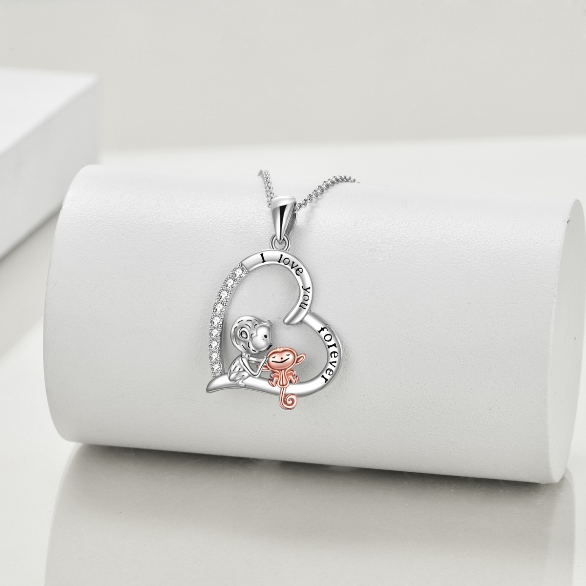 Sterling Silver Two-tone Circular Shaped Cubic Zirconia Monkey & Heart Pendant Necklace with Engraved Word-4