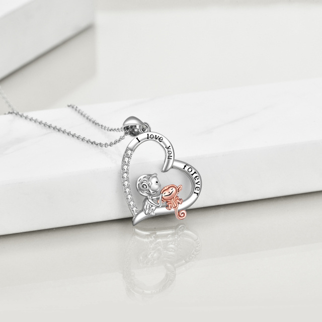 Sterling Silver Two-tone Circular Shaped Cubic Zirconia Monkey & Heart Pendant Necklace with Engraved Word-5