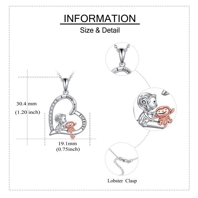 Sterling Silber zweifarbig kreisförmig Cubic Zirkonia Affe & Herz Anhänger Halskette mit e-6