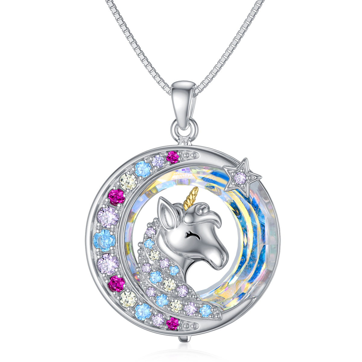 Sterling Silver Two-tone Circular Shaped Moon & Star & Unicorn Crystal Pendant Necklace-1