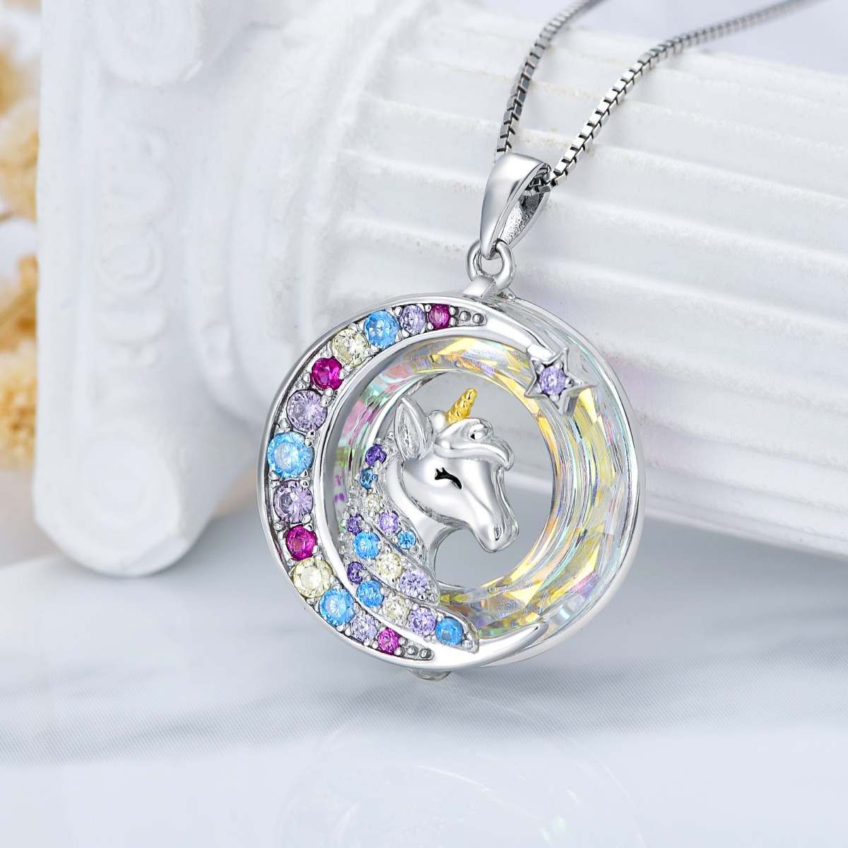 Sterling Silver Two-tone Circular Shaped Moon & Star & Unicorn Crystal Pendant Necklace-3