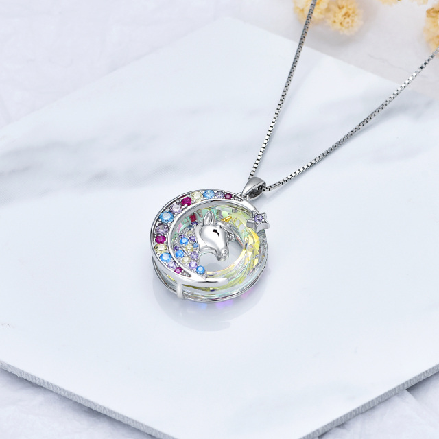 Sterling Silver Two-tone Circular Shaped Moon & Star & Unicorn Crystal Pendant Necklace-4