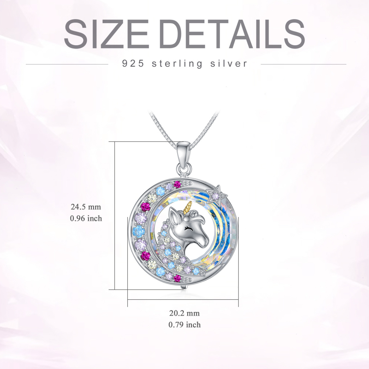 Sterling Silver Two-tone Circular Shaped Moon & Star & Unicorn Crystal Pendant Necklace-5