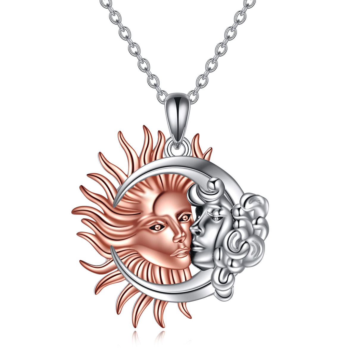 Sterling Silver Two-tone Circular Shaped Moon & Sun Pendant Necklace-1