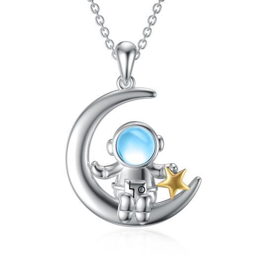 Sterling Silver Two-Tone Circular Moonstone Astronaut & Moon With Star Pendant Necklace For Women Men