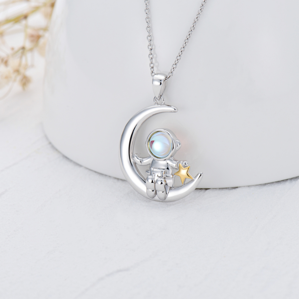 Sterling Silver Two-Tone Circular Moonstone Astronaut & Moon With Star Pendant Necklace For Women Men-3