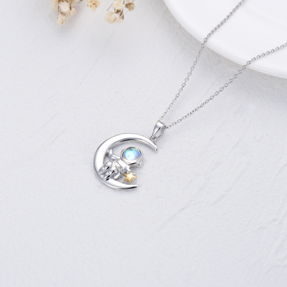 Collana con ciondolo astronauta e luna circolare bicolore in argento sterling con pietra di luna per donna e uomo-4