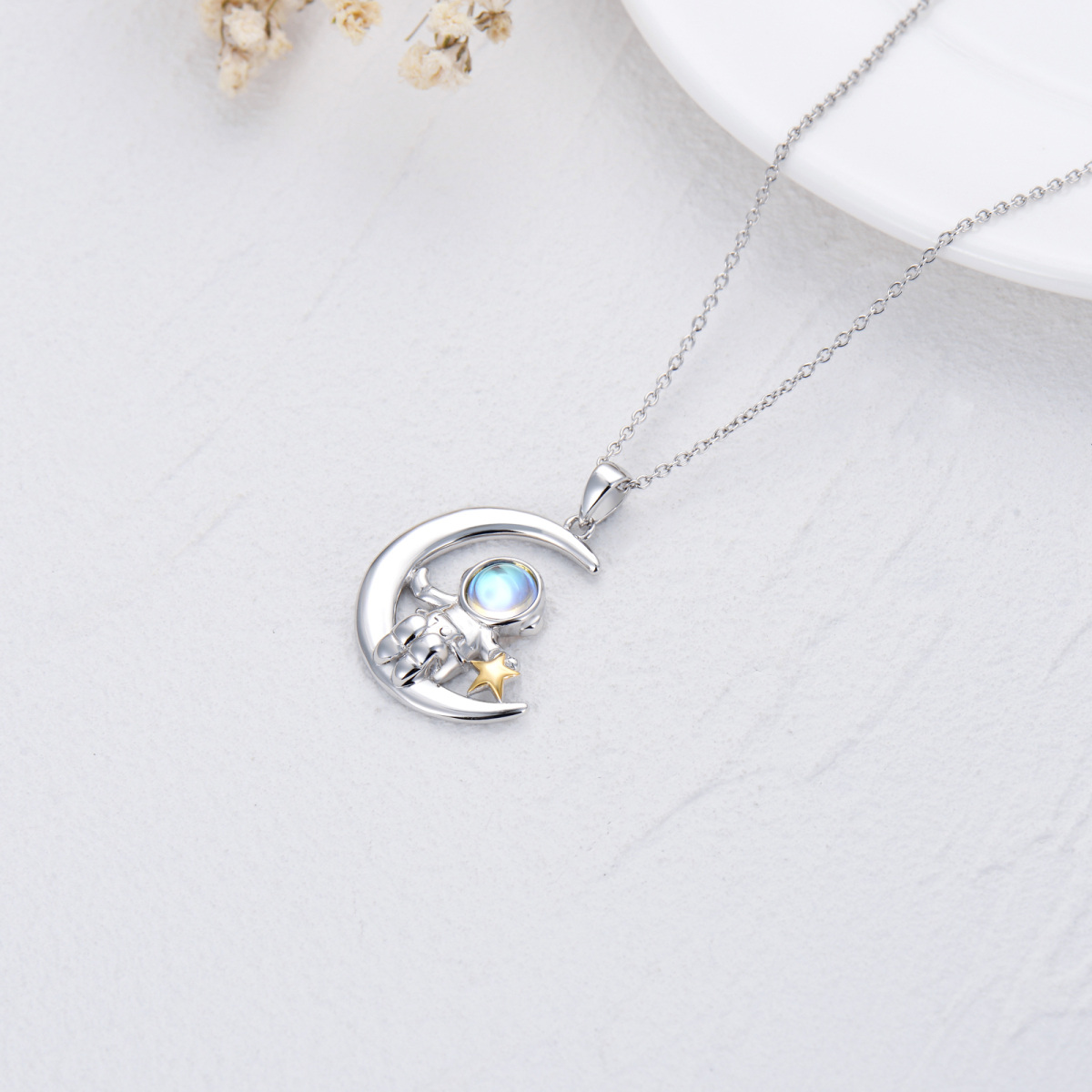 Sterling Silver Two-Tone Circular Moonstone Astronaut & Moon With Star Pendant Necklace For Women Men-4