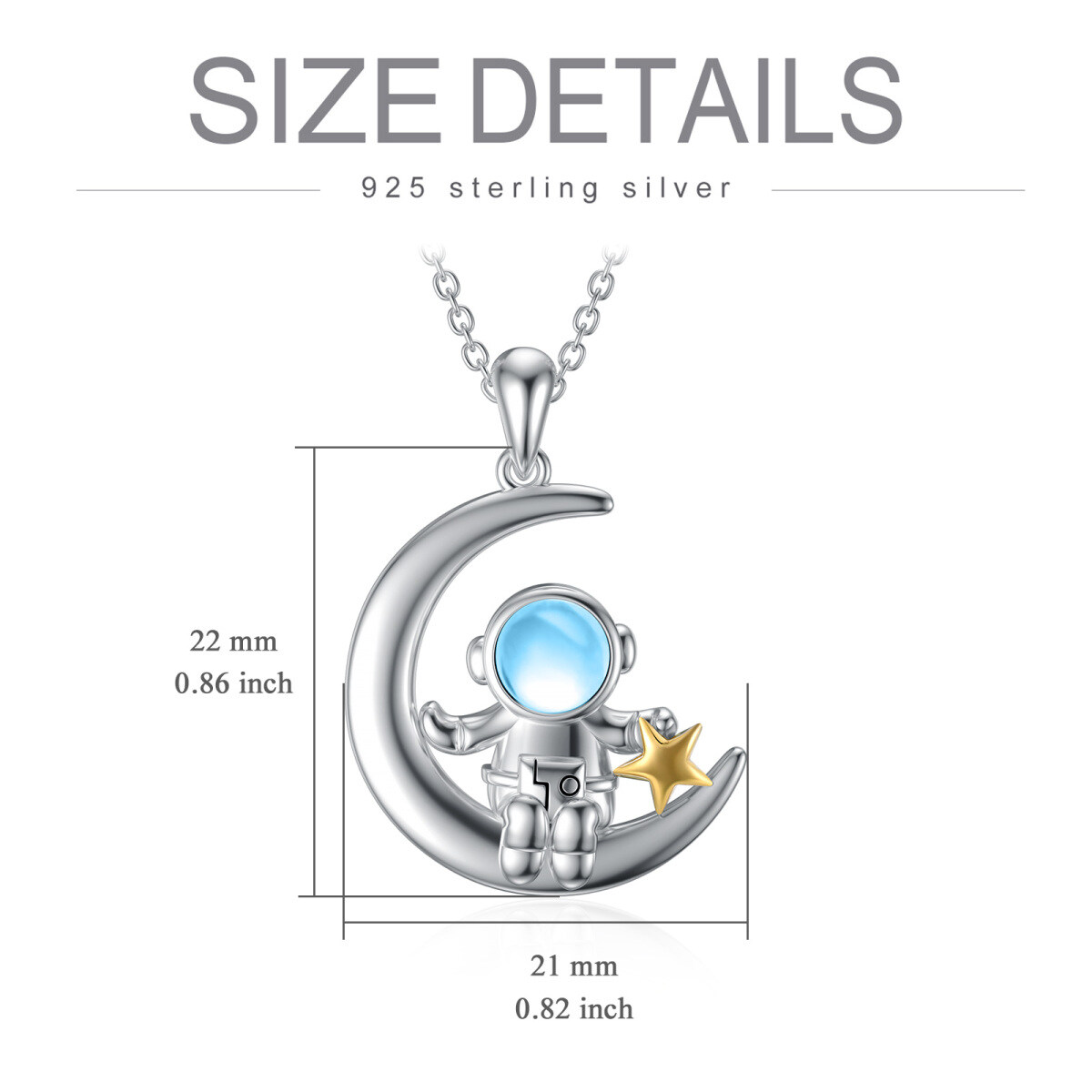 Sterling Silver Two-Tone Circular Moonstone Astronaut & Moon With Star Pendant Necklace For Women Men-5