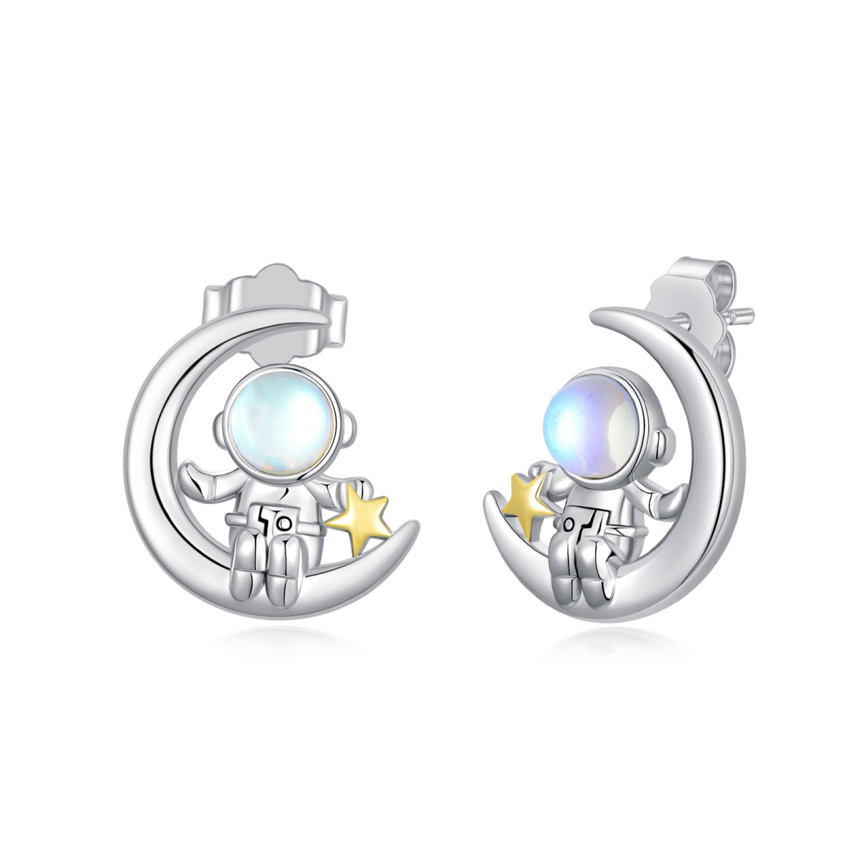 Sterling Silver Two-tone Circular Shaped Moonstone Astronaut & Moon Stud Earrings-1