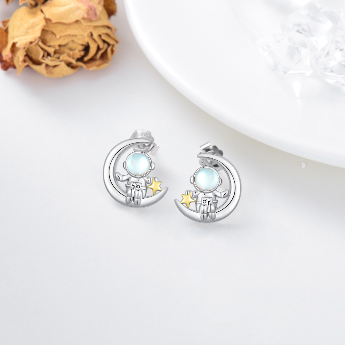 Boucles d'oreilles en argent sterling de forme circulaire en pierre de lune Astronaut & Mo-3