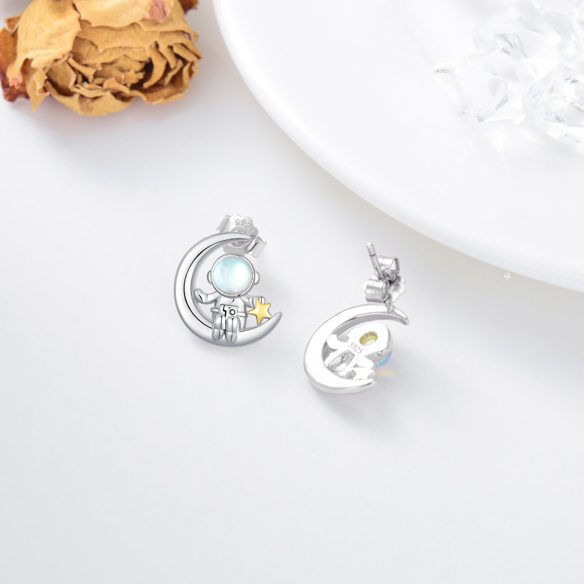 Sterling Silver Two-tone Circular Shaped Moonstone Astronaut & Moon Stud Earrings-4