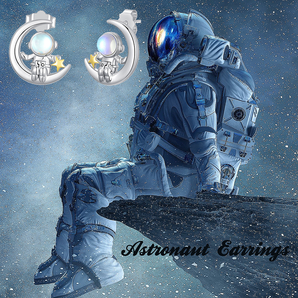 Sterling Silver Two-tone Circular Shaped Moonstone Astronaut & Moon Stud Earrings-5