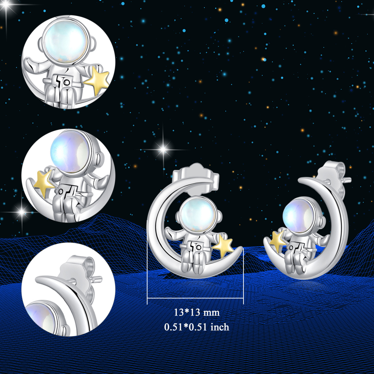 Sterling Silver Two-tone Circular Shaped Moonstone Astronaut & Moon Stud Earrings-6