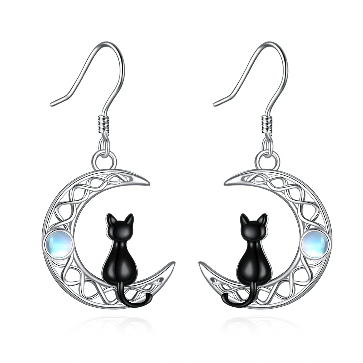 Sterling Silver Two-Tone Circular Moonstone Cat With Celtic Knot With Moon Drop Earrings For Women Best Friend-1